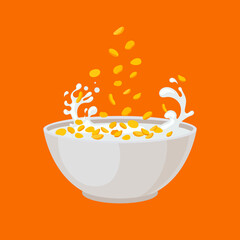 Corn Flakes Cartoon, Bowl with Corn Flakes and Falling Flakes on Bright Orange.