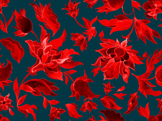 Paisley watercolor floral pattern tile: flowers, flores, tulips, leaves. Oriental indian traditional hand painted water color whimsical seamless print, ceramic design. Abstract india batik background