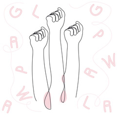Feminist vector girl power symbol with femail fist and GIRL POWER letters. Illustration continuous one line art