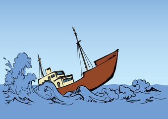 Shipwreck in the waves. Vector drawing