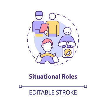 Situational roles concept icon. Person specific part in society. Community participation norms abstract idea thin line illustration. Vector isolated outline color drawing. Editable stroke