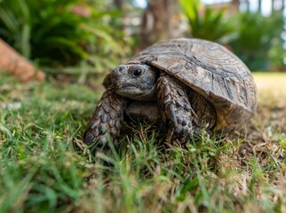 Turtle crawling on green grass