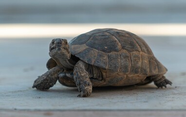 Turtle crawling along a concrete path