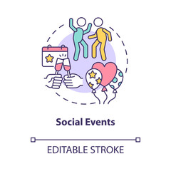Social events concept icon. Participation in society by parties, holidays. Celebration with work team abstract idea thin line illustration. Vector isolated outline color drawing. Editable stroke