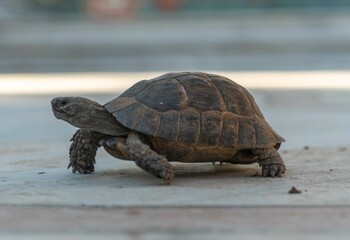 Turtle crawling along a concrete path