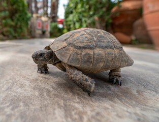 Turtle crawling along a concrete path