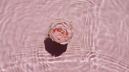 Slow motion of falling rose on water surface and diverging circles of water on pink background. Water splash pink colored. Pure water with reflections sunlight and shadows. Valentines day.4k. 