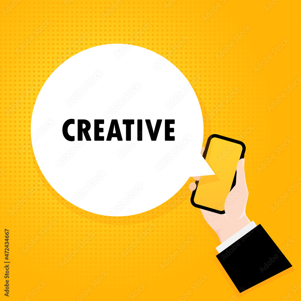 Poster creative. smartphone with a bubble text. poster with text creative. comic retro style. phone app spe