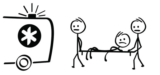 cartoon ambulance car. Drawing medical doctor icon or pictogram. Sick or ill stickman or stick figure man, woman on way to hospital. Helping people symbol.