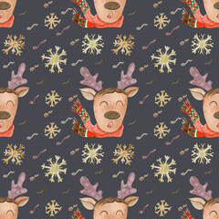 Watercolor seamless pattern with deer head and snowflakes