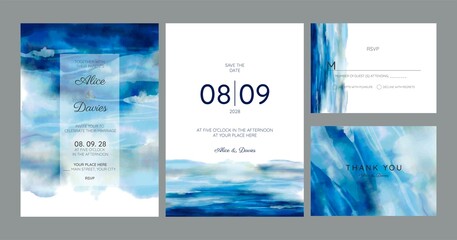 wedding invitation, with watercolor landscape church illustration.
