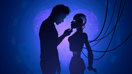 Silhouette of a pair of man and robot woman us against the background of blue light and heart. Cyber love concept