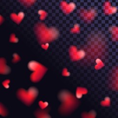 Falling red hearts on transparent background with blur effect