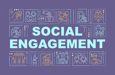 Obraz premium Social engagement purple word concepts banner. Community expectation. Infographics with linear icons on blue background. Isolated creative typography. Vector outline color illustration with text
