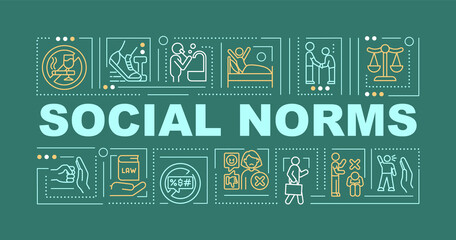 Social moral norms green word concepts banner. Public culture rules. Infographics with linear icons on green background. Isolated creative typography. Vector outline color illustration with text
