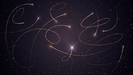 Dark background with glowing flying golden sparks with trails