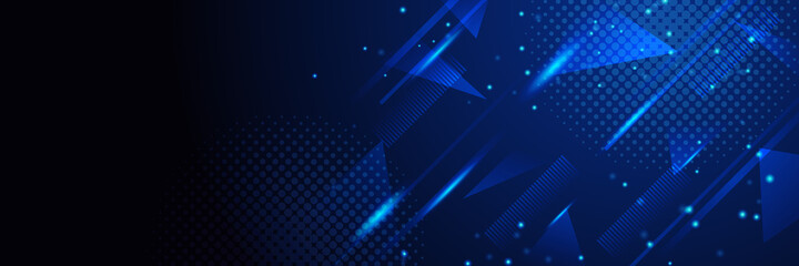 Obraz premium Abstract geometric dark navy blue banner background. Digital technology business 3D presentation abstract background. Abstract blue banner with gradient shapes