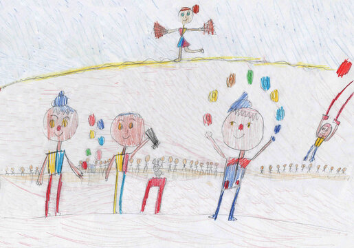 Child drawing of funny clowns and circus performers
