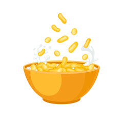 Corn Sticks Falling Into Bright Orange Bowl, Breakfast Illustration Isolated.