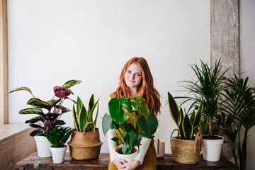 Smiling redhead woman holding potted plant at home