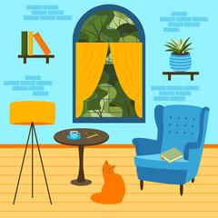 Cozy room with red cat, blue armchair with book, green trees outside window, plant and books on shelf, lamp, table with cup of coffee and pencils. Vector illustration