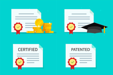 Fund grant money as financial aid help opportunity vector icons or diploma and quality certified patent document flat cartoon, education award achievement for academy, prize of winner of graduate - obrazy, fototapety, plakaty