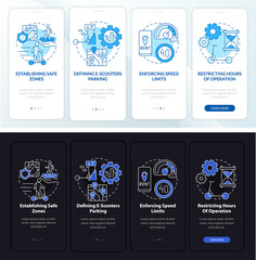 Fototapeta na wymiar Bike sharing regulations onboarding mobile app page screen. Speed limit walkthrough 4 steps graphic instructions with concepts. UI, UX, GUI vector template with linear night and day mode illustrations