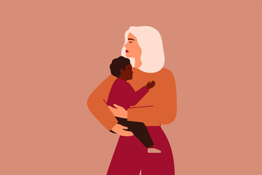 White woman adopted African American baby boy. Caucasian female holds and embraces her black child with love and care. Vector illustration