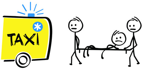 cartoon ambulance car. Drawing medical doctor icon or pictogram. Sick or ill stickman or stick figure man, woman on way to hospital. Helping people symbol.