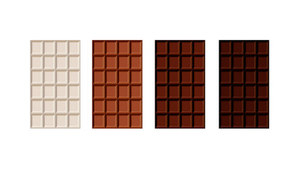 Set of Different Chocolate Bars Isolated, White, Milk, Dark and Bitter Chocolate.