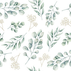 Watercolor seamless pattern with eucalyptus branches and flowers. Isolated on white background. Hand drawn clipart. Perfect for card, fabric, tags, invitation, printing, wrapping.  © Karina Martirosova