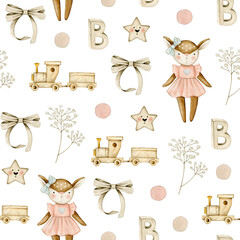 Watercolor seamless pattern with fawn, bow, star, flowers, toy train. Isolated on white background. Hand drawn clipart. Perfect for card, fabric, tags, invitation, printing, wrapping.