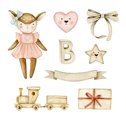 Watercolor illustration set with fawn, bow, star, heart, wood train, gift box. Isolated on white background. Hand drawn clipart. Perfect for card, postcard, tags, invitation, printing, wrapping.