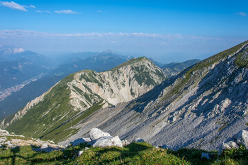 Fototapeta na wymiar Beautiful view from mountain Stol, Slovenia, highest summit of Karavanke mountain, year 2020