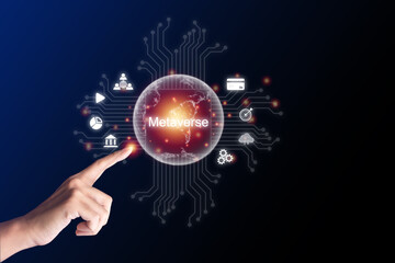 Human finger pointing to the earth with metaverse, business technology concepts, online transactions, big data discovery, cloud computing management