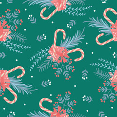 Endless Christmas background. Cute stylized gift, lollipop cane, and fir branch. Seamless repeat pattern. Cartoon doodle.