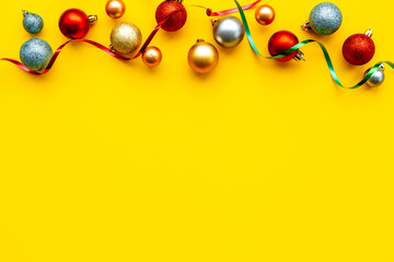 Festive Christmas and New Year baubles for decoration. Greeting card banner