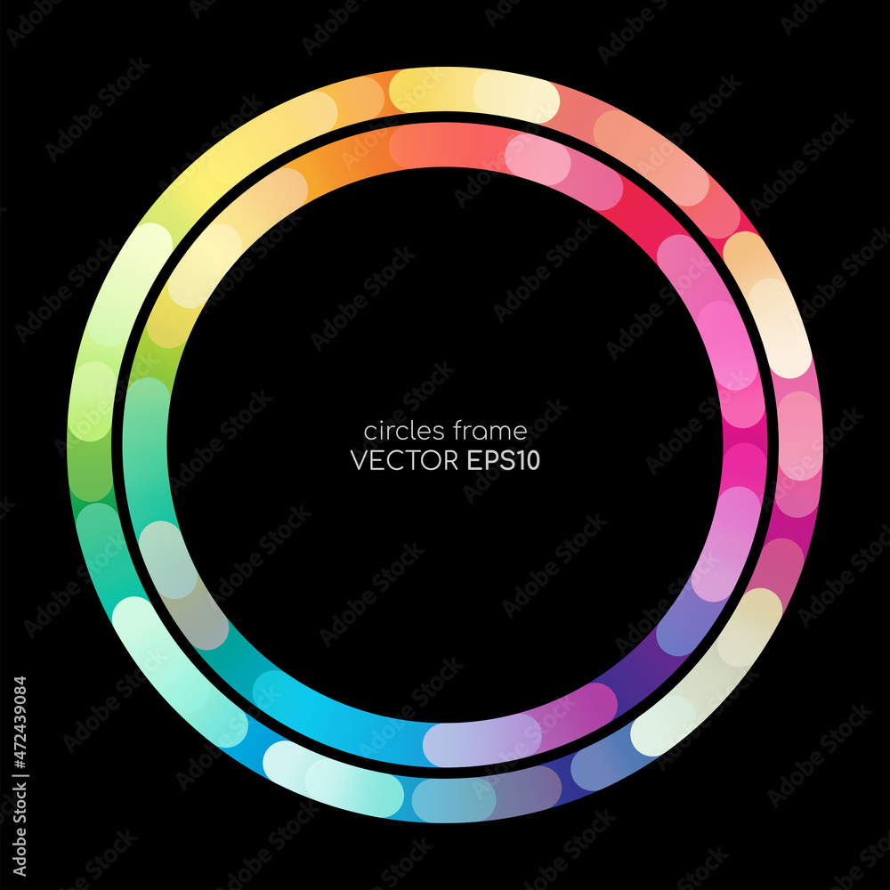 Poster colorful circle line rings swirl round frame spectrum colors isolated on black background for banner