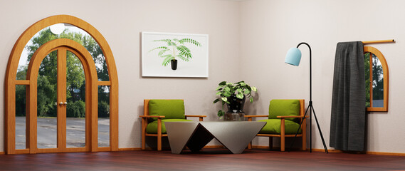 3D render of Home interior with ethnic decoration. Modern living room in house or apartment.