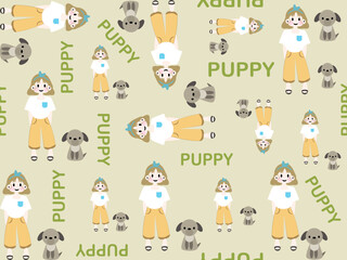 girl and puppy cartoon character seamless pattern  on green background