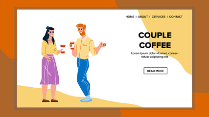 Couple Coffee Drink And Speak Together Vector. Colleagues Couple Coffee Drinking And Talking In Office. Characters Enjoying Energy Hot Drink And Speaking Web Flat Cartoon Illustration