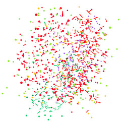 Colored circle pattern with geometric elements on white. Holiday background with confetti. Texture from glitters. Festive frame. Print for banners, posters, t-shirts and textiles. Greeting cards