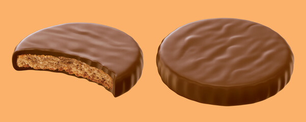 Chocolate coated biscuit, Isolated background. 3d illustration.