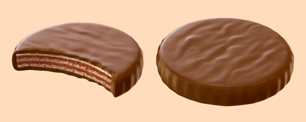 Chocolate coated, Wafer crispy crunch. Sweet snack. 3d illustration