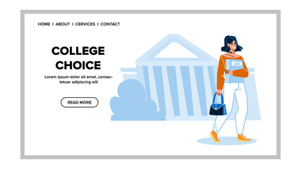 College Choice Making Young Girl Student Vector. Teenager College Choice And Walking With Books And Bag. Character Choosing University Or Academy For Studying Web Flat Cartoon Illustration