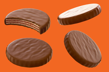 Chocolate coated, Wafer crispy crunch. Sweet snack. 3d illustration
