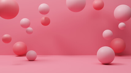 Abstract pink pastel balls, geometric background for product presentation, podium display, minimal pastel scene, minimalistic design, party decoration, copy space, 3d rendering illustration.