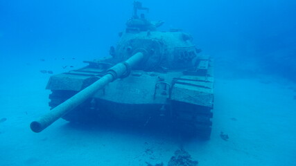 Tank wreck underwater in the Mediterranean Sea