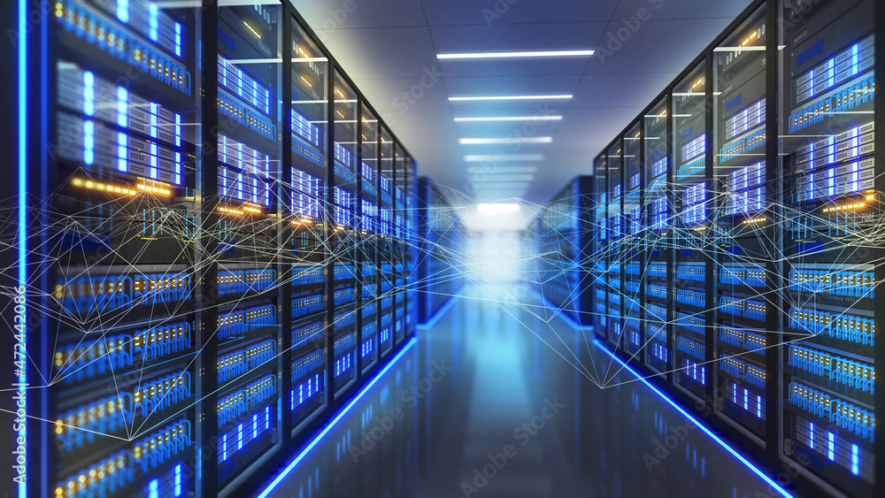 Poster large storage center,data center and data connectivity technology,data center,3d rendering