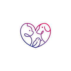 Cat, dog and bird inside the heart. vector symbol